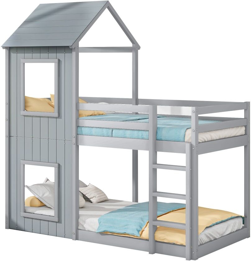ComfortXL Litera casita pino dosel gris 90x200 cm