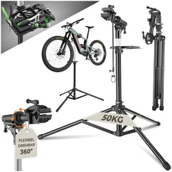 tectake® Fahrradmontageständer, Belastbarkeit 50 kg, klappbar mit Schnellverschlüssen, lackschonend, inklusive Vorderrad-Stabilisator und magnetischer Werkzeugablage