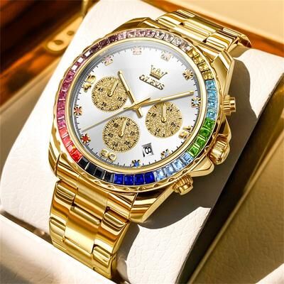 Fashion Sheath OLEVS Rainbow Gemstone Bezel Quartz Watch gold Hite