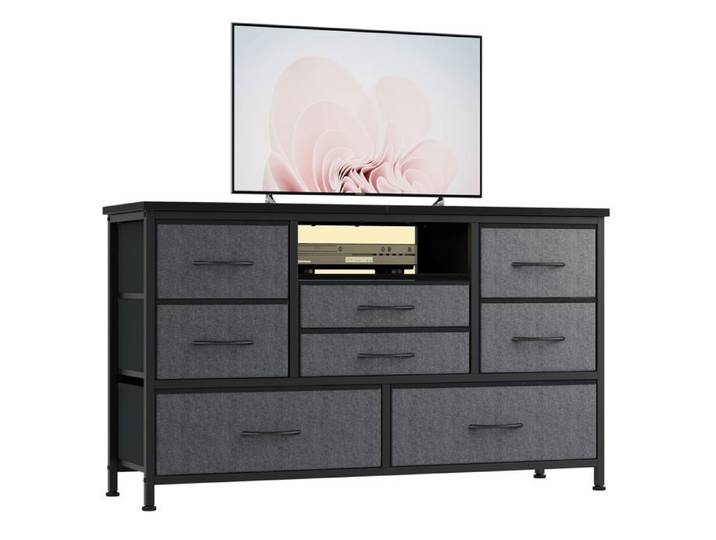 Commode meuble TV 8 tiroirs tissu structure métal robuste rangement polyvalent pour vêtements chambre