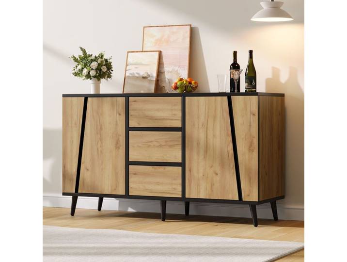 Buffet scandinave bois et noir avec 3 tiroirs et 2 portes 120x40x70 cm