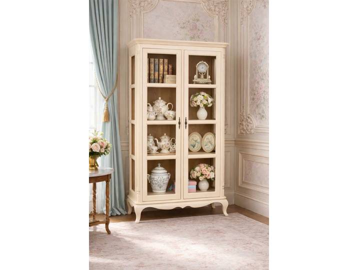 Rokkoko Vitrinenschrank - nostalgische Vitrine eierschale hellbraun