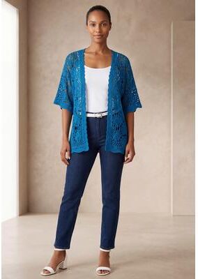 Plus Size Women's Crochet Cardigan by Jessica London in Pool Blue (Size 18/20) Sweater