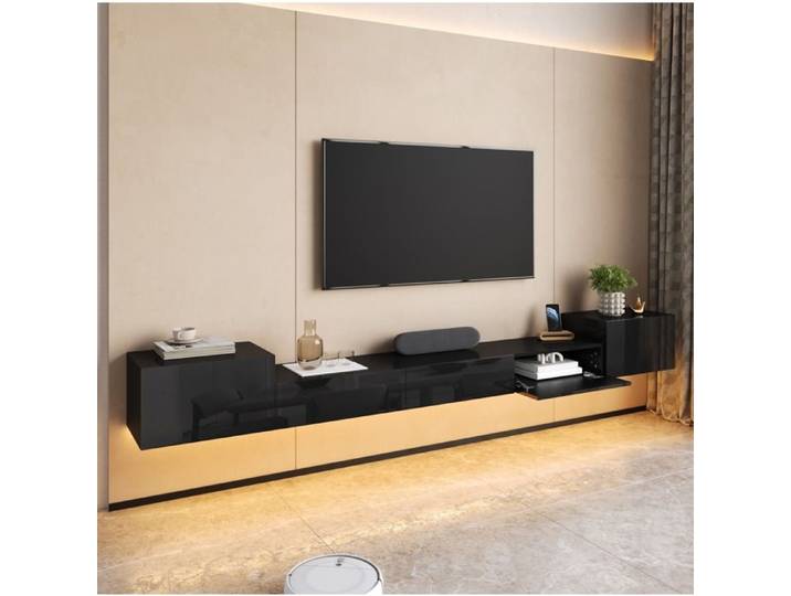Meuble TV mural suspendu EVRYAE 245 x 30 x 26 cm avec 5 portes LED multicolore passe-câbles noir brillant