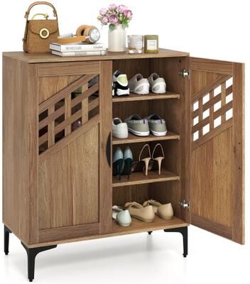 Costway 4 Tier Farmhouse Shoe Storage Cabinet with Removable Shelves and Metal Legs-Walnut