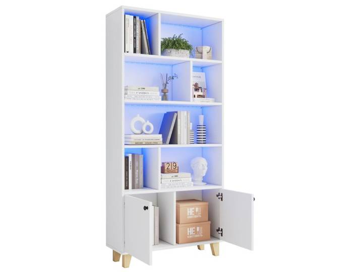 Meuble bibliothèque 80x30x173cm LED RGB 2 portes multiples compartiments pieds massifs couleur blanche