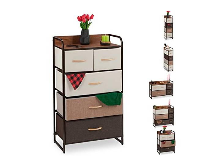 Relaxdays Schubladenschrank, 5 Stoff Fächer, Ablage, Schlafzimmer Schränkchen, Nachtkommode HBT 100 x 58 x 31,5cm, braun