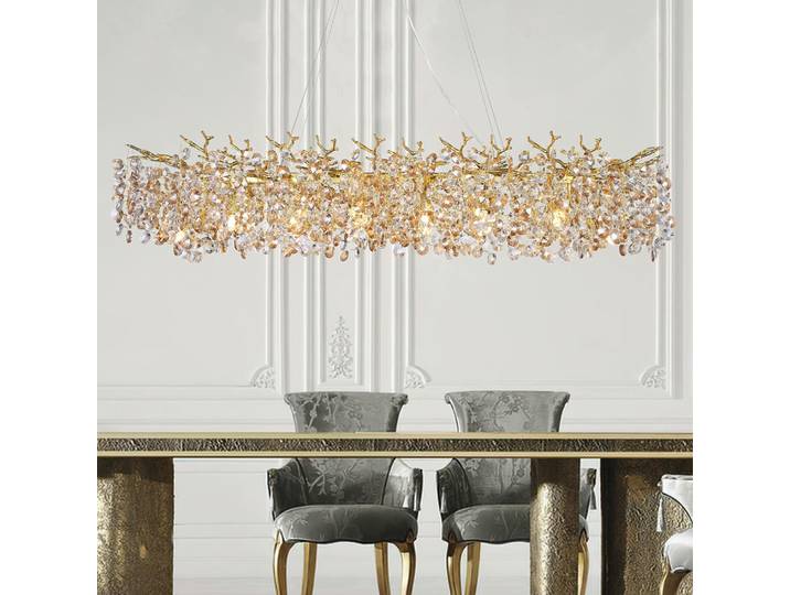 Lustre en cristal rectangulaire moderne, grand lustre à LED nordique, branche d'île dorée, salle à manger, 2024