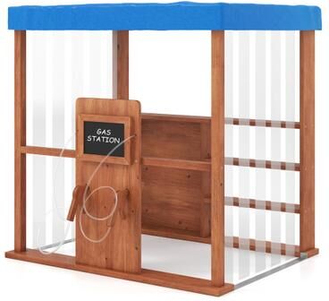 Costway Kids Gas Station Playhouse with Gas Refueling Guns for Aged 3+-Brown