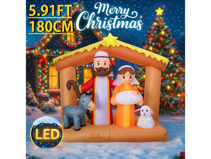 Jouet gonflable de 5,91 pieds, jésus, âne, agneau, nativité avec lumières LED, décorations de noël pour fournitures de cour, ornement de maison, cadeaux festifs