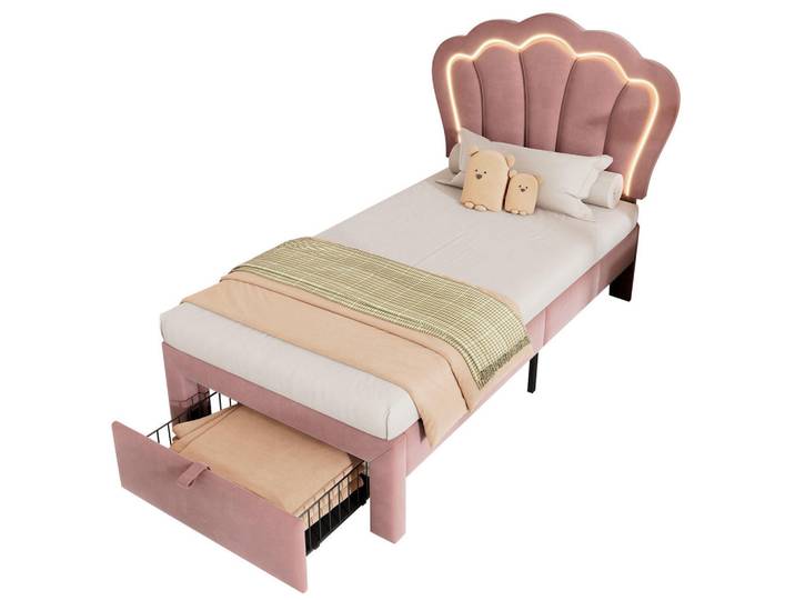Flora Grace Kinderbett 90/190 cm aus Samt mit LED-Beleuchtung und Schublade in Rosa, 90x190 cm, Babymöbel & Kindermöbel, Kinderzimmer & Jugendzimmer, Kinderbetten