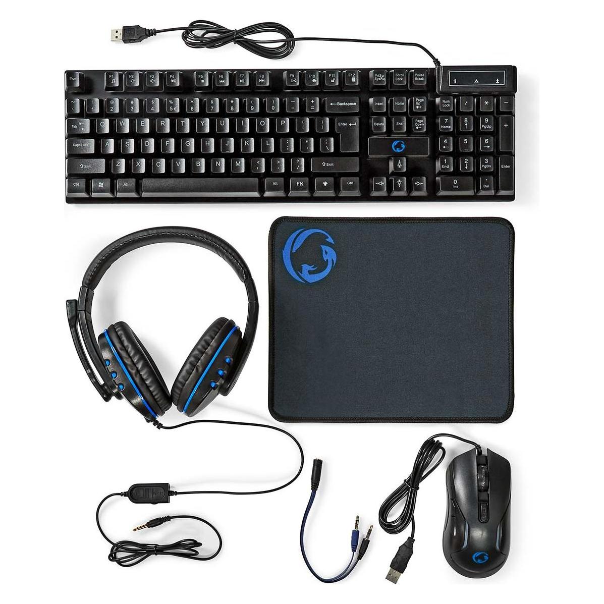 Nedis Gaming Combo Kit | 5-in-1 | Tastatur, Headset, Maus und Mauspad | Schwarz | QWERTY | US-Layout (US, Kabelgebunden) (GCK51110BKUS)