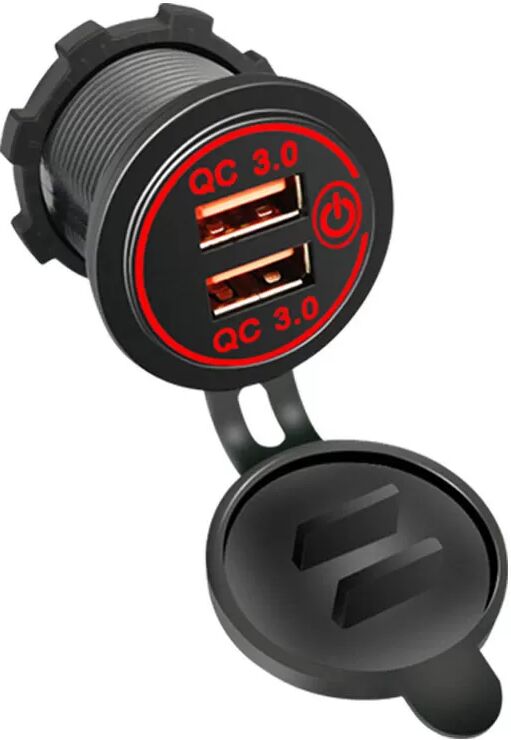 INF Duales QC3.0-Autoladegerät mit Schalter Schwarz+Rot