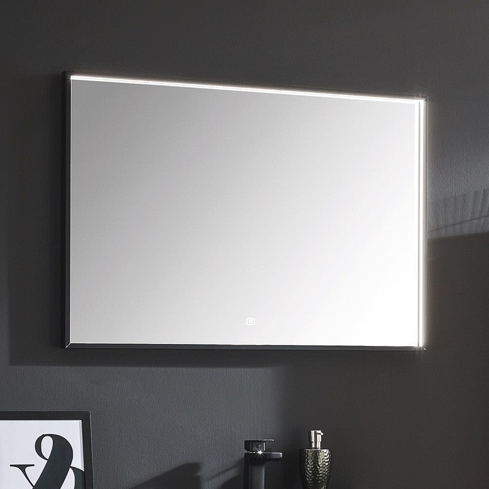 Puris Aspekt Badspiegel 90 x 64 cm mit LED-Alurahmen in Schwarz Matt und Emotion-Beleuchtung