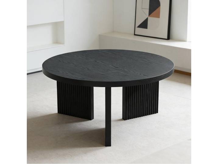 WOVREO Table basse ronde 80 cm noire en MDF avec pieds rainurés