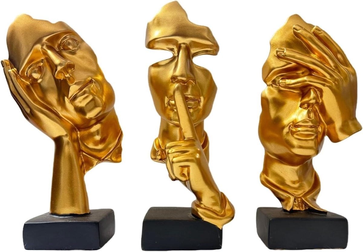 Denker Standbeeld Set - Abstracte Sculpturen van Hars in Goud - 3 stuks - Woonkamer Decoratie