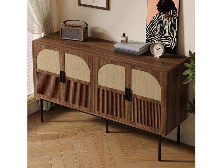 Buffet bas 4 portes AESVAR 140 x 40 x 80 cm MDF effet bois noyer et aspect rotin naturel
