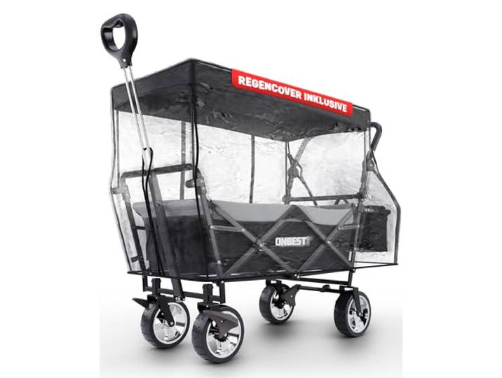 ONBEST Bollerwagen faltbar – Faltbollerwagen mit Dach, Schwarz Klappbarer Strandbollerwagen mit Regenschutz, Sonnenschutz-Dach, Kühltasche & Becherhalter für Outdoor und Camping