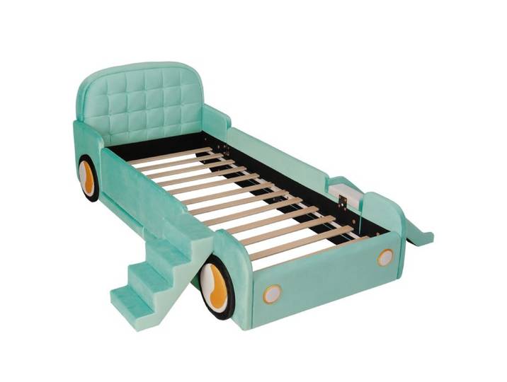 Lit enfant 218.5x107x86 cm Bleu-vert Velours avec toboggan et escalier design voiture