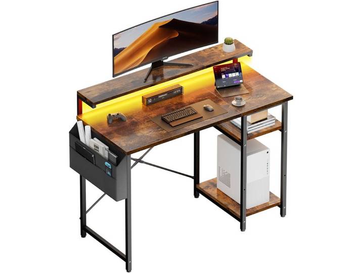 ECOFURNIX Bureau avec Rangement 100 x 48 cm Bureau informatique avec LED & Support de Moniteur Étagères Réglable Marron