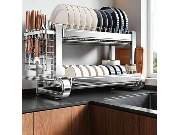 MDEUFYWEGB Abtropfgestell edelstahl，3-stöckiges Abtropfgestell, Küchentheke teller organizer，Mit Abnehmbarer Abtropfschale，für Teller, Tassen, Topfdeckel(A,43cm/16.9in)
