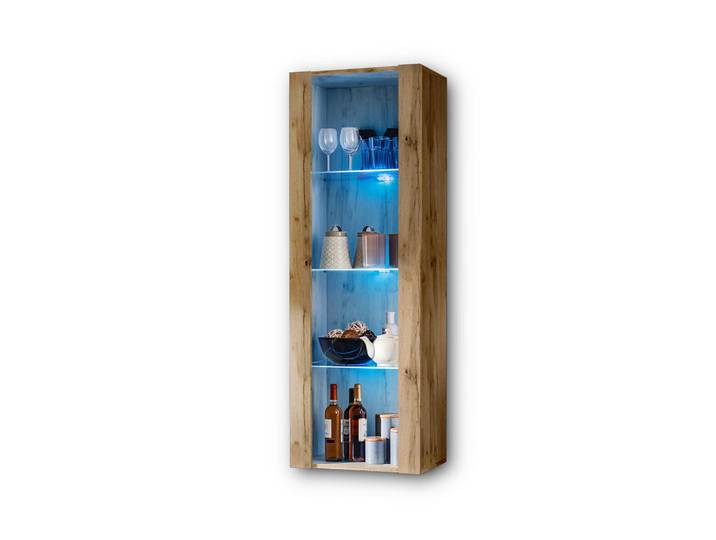 Komodee Vitrine Tivoli, Eiche Wotan + Eiche Wotan, LED Blau, Eiche Wotan, Eiche Wotan, Holz Optik, 3 Fächer, Rechteckig, 55x159x35 cm, Esszimmer, Vitrinen, Vitrinenschränke