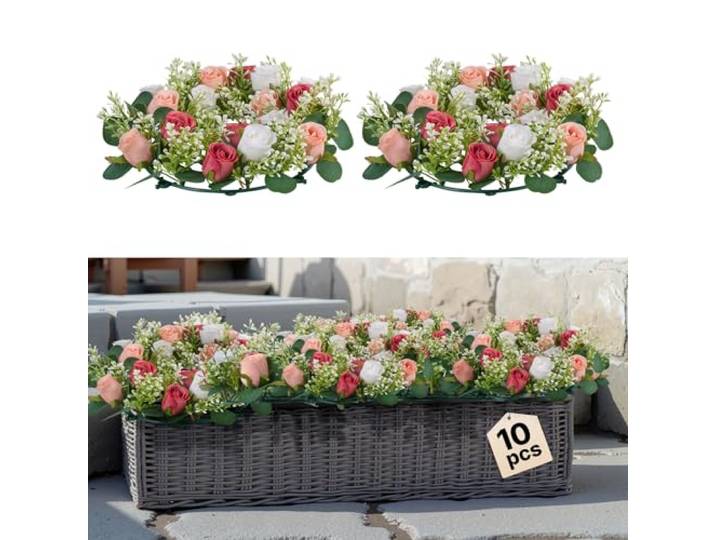 VEVOR Couronne de Roses Artificielles\, Lot de 10\, 34 cm\, Compositions de Roses en Rose et Blanc Artificielles\, Fausses Fleurs pour Centres de Table\, Mariages\, Saint-Valentin\, Décoration d'Intérieur