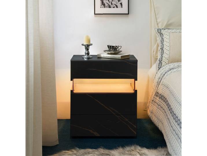 Commode de nuit LED 3 tiroirs panneau acrylique chambre salon Black+Gold