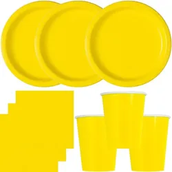Party Deko Set neon gelb Einweggeschirr für 16 Personen Teller, Becher, Servietten Hochzeit Geburtstag