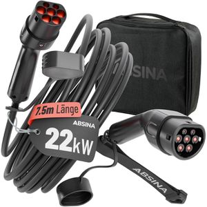 Absina Elektroauto-Ladekabel Mode 3, IP65, 7,5 m, Typ 2 zu Typ 2, 3-phasig, 32 A, 22 kW