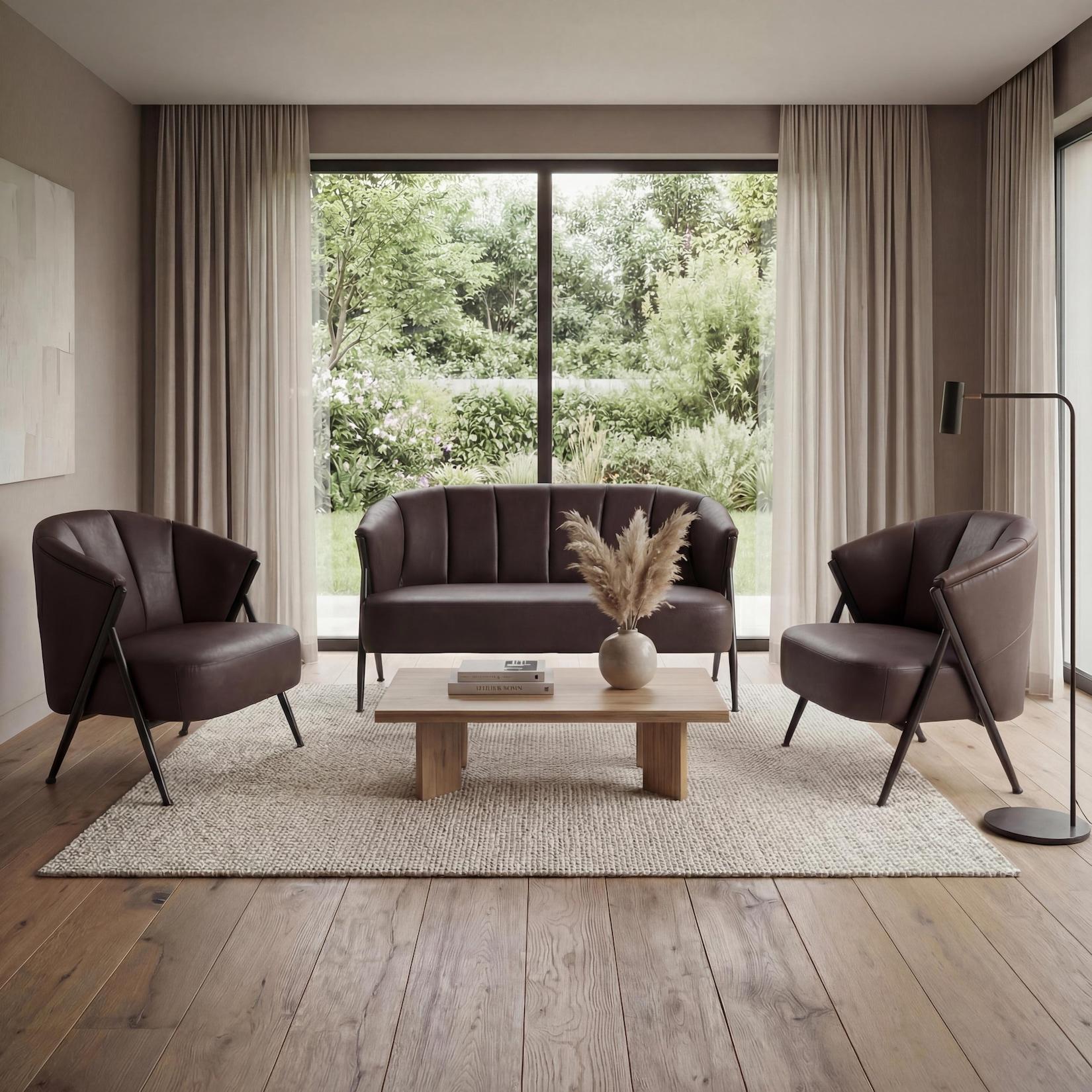 Wohnzimmer-Set MCW-P30, 2er-Sofa 2x Sessel, Vintage Retro Industrial Metall Kunstleder ~ dunkelbraun