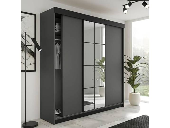 KIER FURNITURE Schiebegarderobe LAMARO mit Spiegel - Schrank Schlafzimmer – Schlafzimmerschrank – Wardrobe Bedroom – Kleiderschränke – Kleiderschrank Graphit – 200x205x59 cm