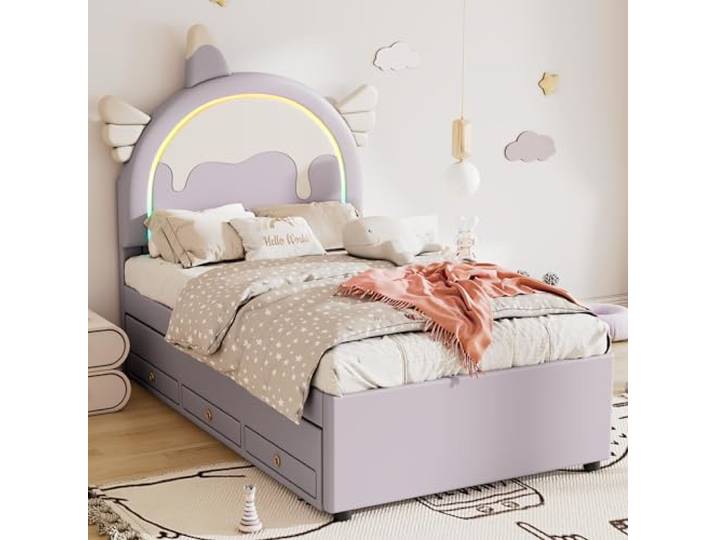 Moimhear 90 * 200cm Cartoon Kinderbett, Einhornform, ausgestattet mit ausziehbares rollbett, PU-Material,Violett