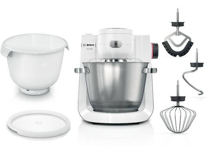 BOSCH Küchenmaschine Serie 6 MUMS6EW18, für schwere und große Teigmengen, made in EU , weiß, B:32cm H:33cm T:38cm, Küchenmaschinen, 2 XL-Schüsseln (Edelstahl, Kunststoff), Patisserie-Set, weiß, Küchenmaschine