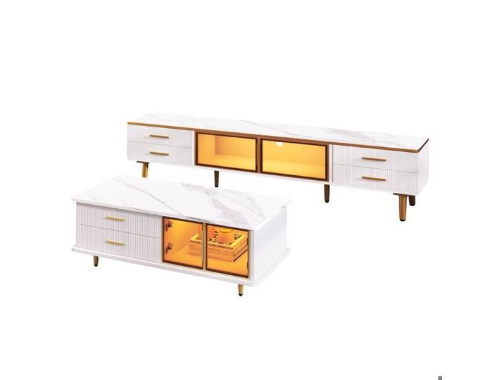 Table basse: Armoire TV Porte en verre trempé Cadre en alliage d'aluminium Blanc Meubles de salon modulaires