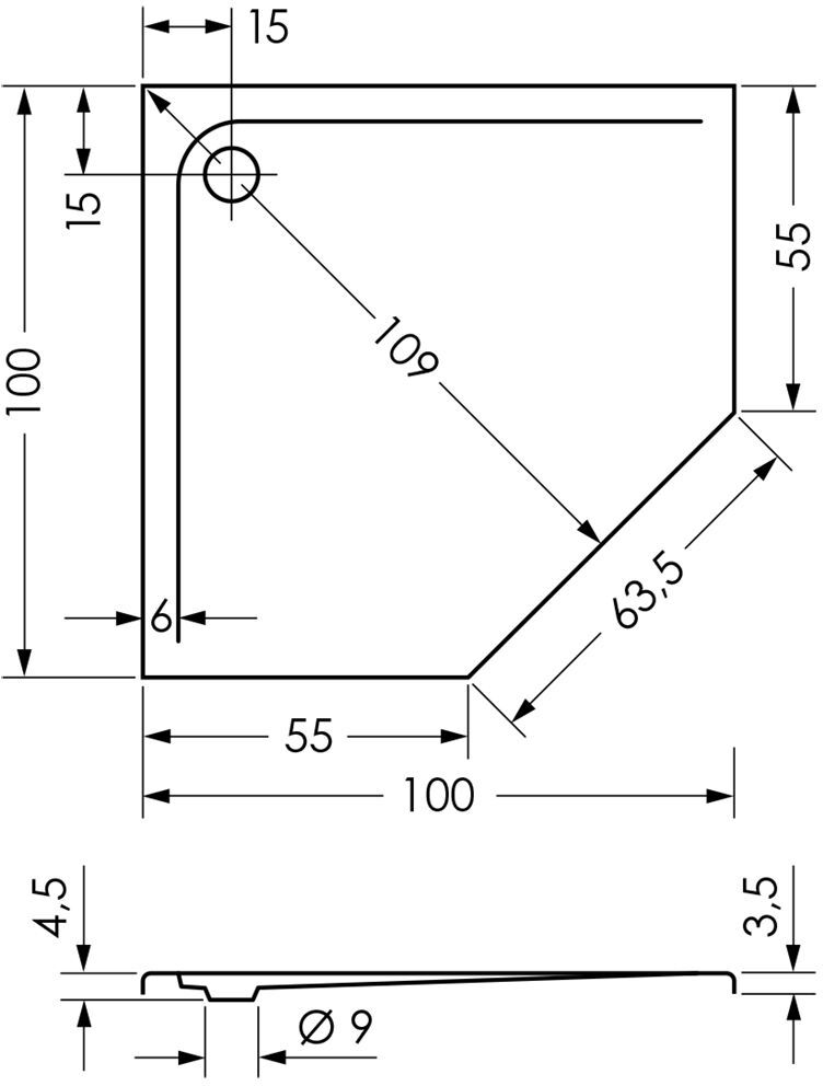 Repabad Arco Fünfeck Duschwanne 100 x 100 cm