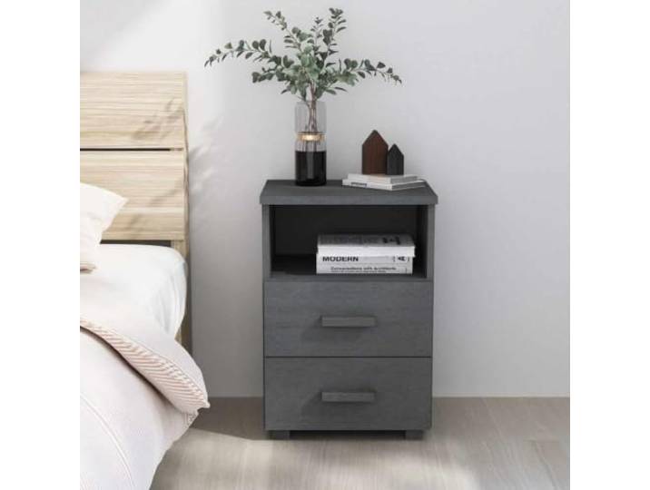 YUTAASU Nachttisch HAMAR Dunkelgrau 40x35x62 cm Massivholz Kiefer Zwei Schubladen, Offenes Fach, Stabil, Robust, Stauraum für Schlafzimmer