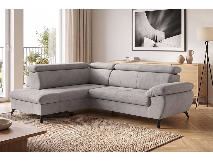 Ecksofa, Grau, 256x207 cm, Struktur Fein, Kopfteilverstellung, L-Form, Cotta