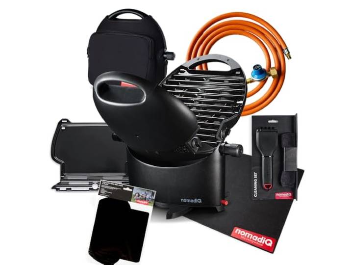 nomadiQ Holiday Cooking Pakket Tragbarer Gas BBQ Grill Klein, Mini, Leichtgewicht Tischgrill Perfekt zum Camping, Kochen im Freien, Wohnmobil, Boote, Reisen