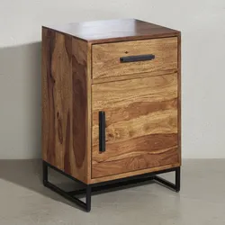 KADIMA DESIGN Nachtkonsole aus Sheeshamholz, pulverbeschichtetes Eisen, Industrial-Style, Schublade und Türfach