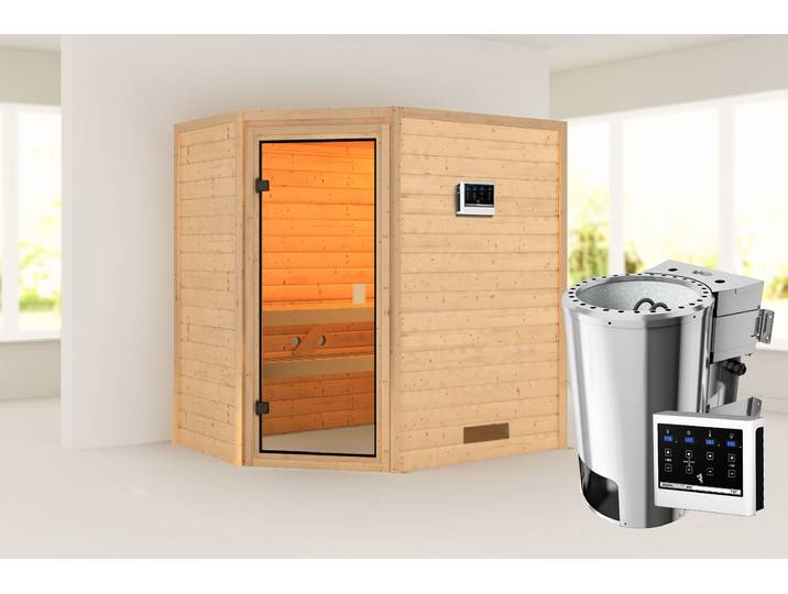 Sauna KARIBU Juli mit bronzierter Tür, naturbelassen , beige (naturbelassen), Bio-Kombiofen, externe Steuerung, 230 kW, Saunen, Sauna, aus hochwertiger nordischer Fichte