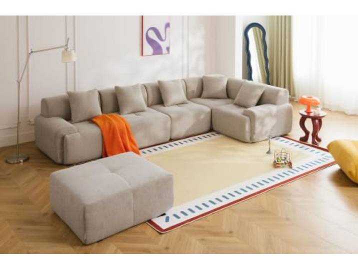 MILYsofa Modulares Wohnlandschaft 5-Sitzer mit Ottomane, Chenille-Bezug Sandbeige, Abnehmbare Kissenbezüge (Sandbeige, Wohnlandschaft)