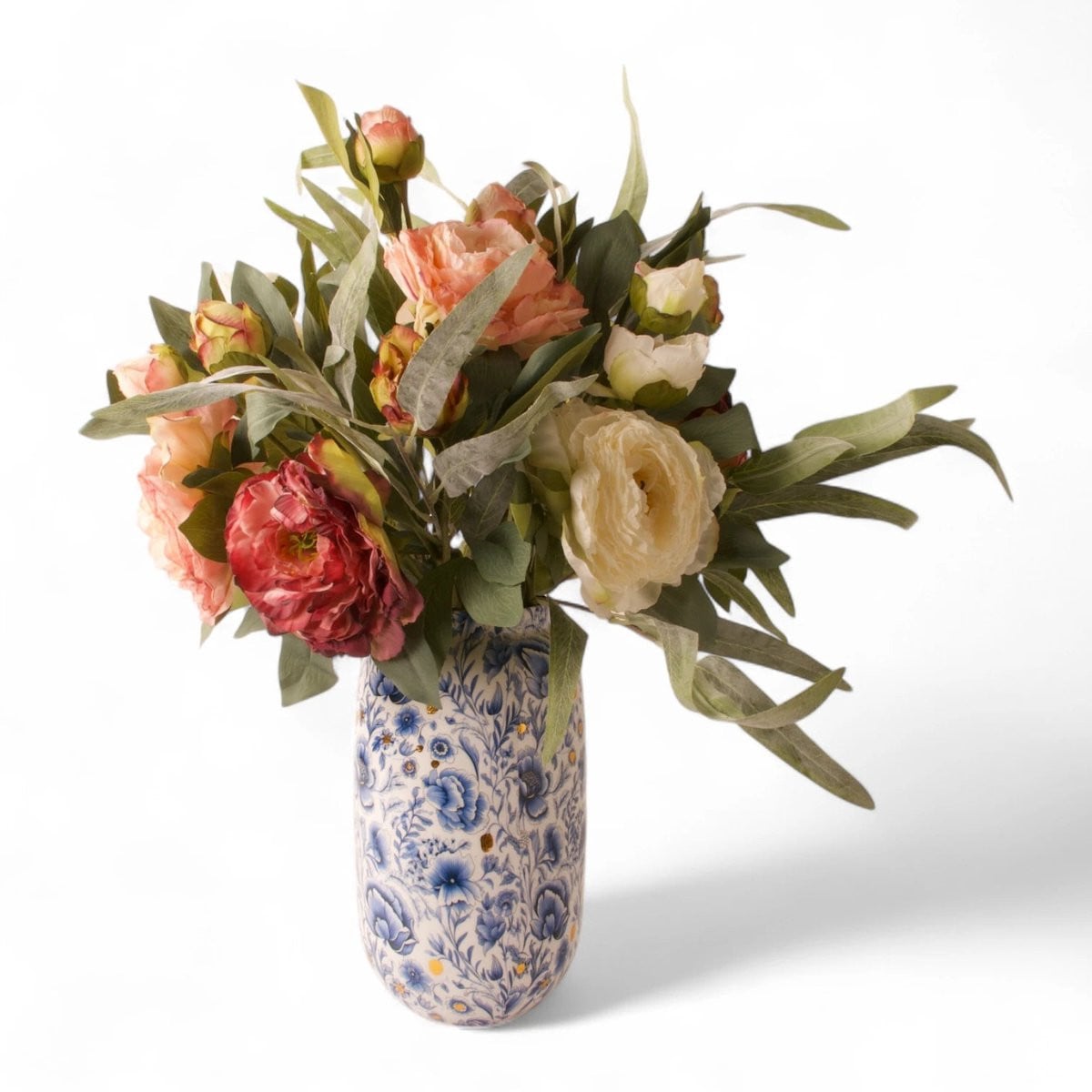 WinQ Kunstbloemen Boeket Pioenroos Multicolor met Eucalyptus en Vaas