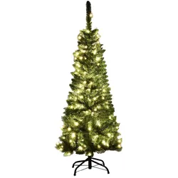 COSTWAY 135 cm Bleistift-Weihnachtsbaum mit warmweißen LED-Lichtern, künstlicher Weihnachtsbaum mit Klappsystem und Metallständer
