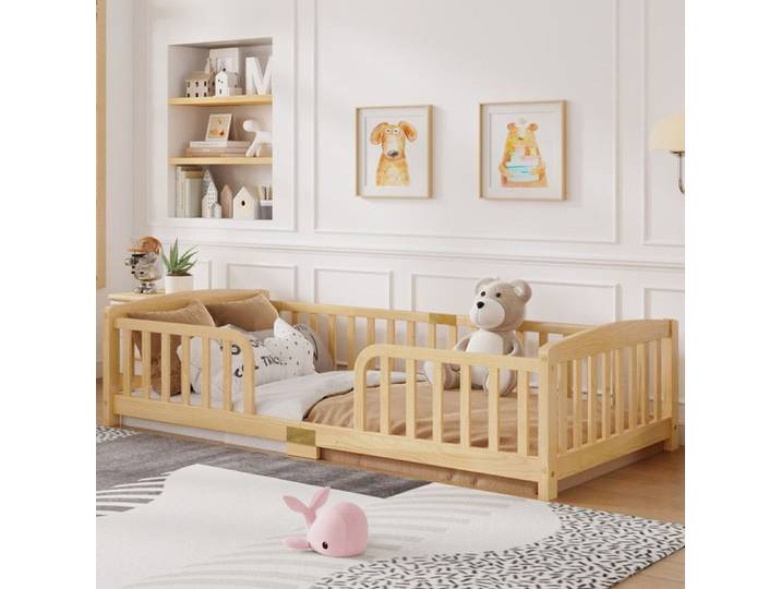 Comfyu - Lit de sol Montessori 90x200 cm lit enfant avec barrières de sécurité accès indépendant sans Sommier inclus - Bois
