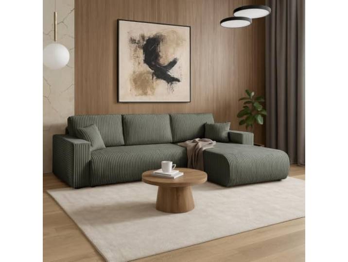 BEAUTY SOFA Ecksofa Porto mit Schlaffunktion und Bettkasten, Universelle Ottomane, Liegefläche 243 x 130 cm, Cordstoff TILIA, Grün (Tilia 37)