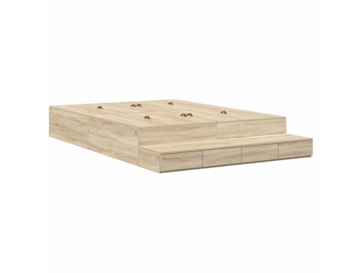 PUGYNBK Lagerbett Sonoma Eiche 140 cm Massives Kiefernholz, Schubladen und Türen, Ledergriffe, ohne Lattenrost
