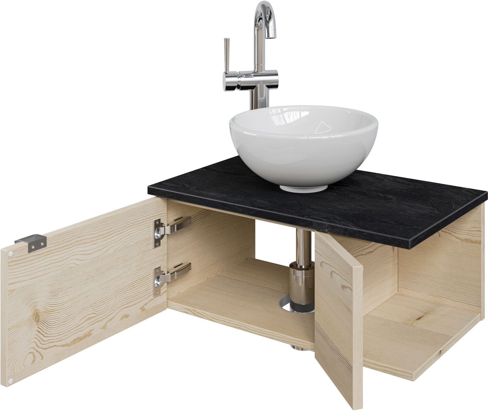 Waschtisch SAPHIR "Serie 6915 Waschschale mit Unterschrank für Gästebad, Gäste WC", beige (polar pinie, schiefer, polar pinie quer nachbildung), B:61cm H:39,8cm T:35cm, Waschtische, Waschtisch, 61 cm mit Keramik-Aufsatzbecken, 2 Türen und 1 Fach polar pin