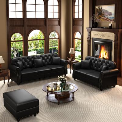 GDFStudio - Mid-Century Modern Chesterfield Sofa Set with Ottoman & Tufted Nailhead Design