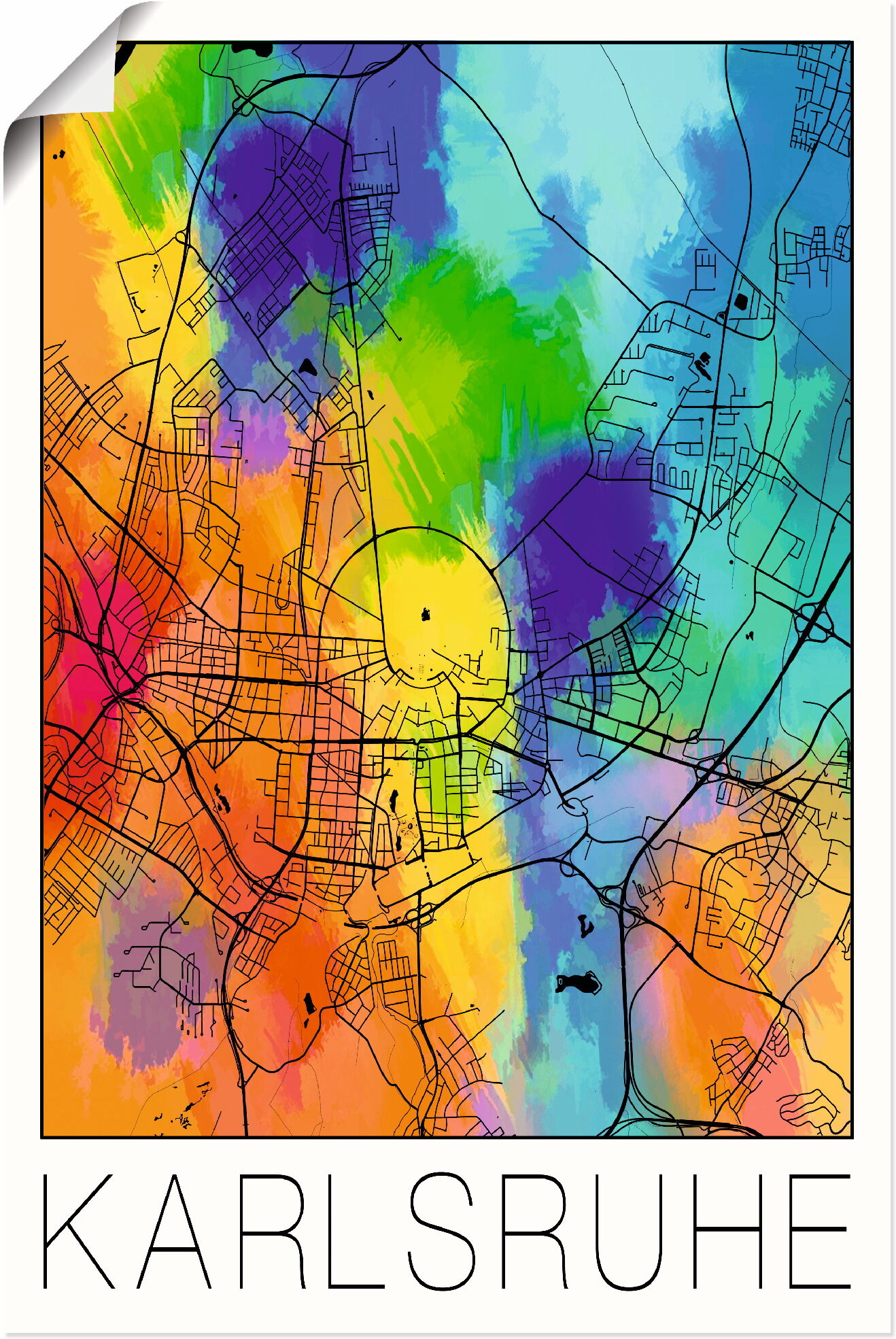 Poster ARTLAND "Retro Karte Karlsruhe Aquarell", bunt (farbe bild(er): bunt), B:20cm H:30cm, Bilder, Poster, ohne Rahmen farbe bild(er): bunt B/H/T: 20cm x 30cm, Poster Deutschland Hochformat, 1 Stk.